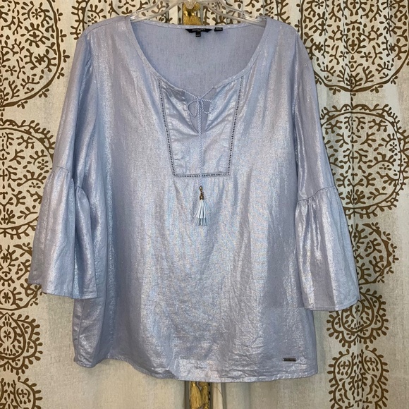 Ellen Tracy Women's Large L Blue Metallic Shimmer Linen Blouse Shirt Top Classy - Picture 1 of 7